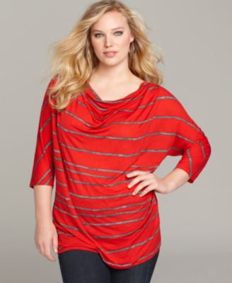 DKNYC Plus Size Top, Three Quarter Sleeve Striped 